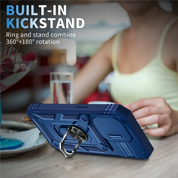 Para iPhone 14 Pro de 6.1 pulgadas Diseño de cubierta deslizante de la lente de la cámara resistente al desgaste PC+TPU Funda anti-golpes con soporte / Ranura para tarjeta - Azul