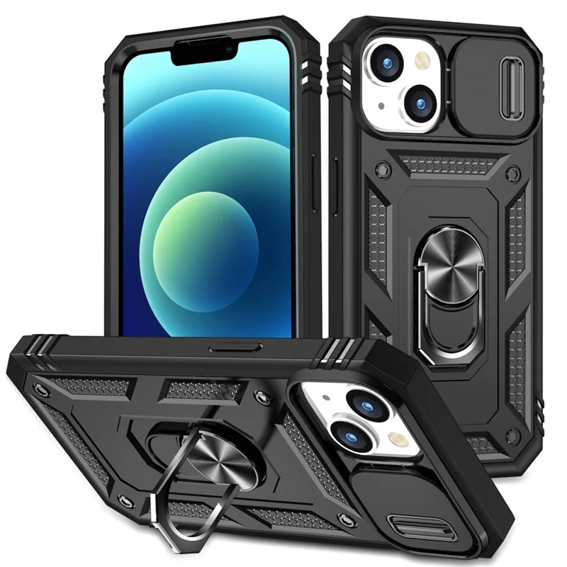 Чехол для iPhone 14 Plus с функцией антиудара из поликарбоната и ТПУ, с подставкой, слайдером для защиты камеры и отделением для карт - Черный