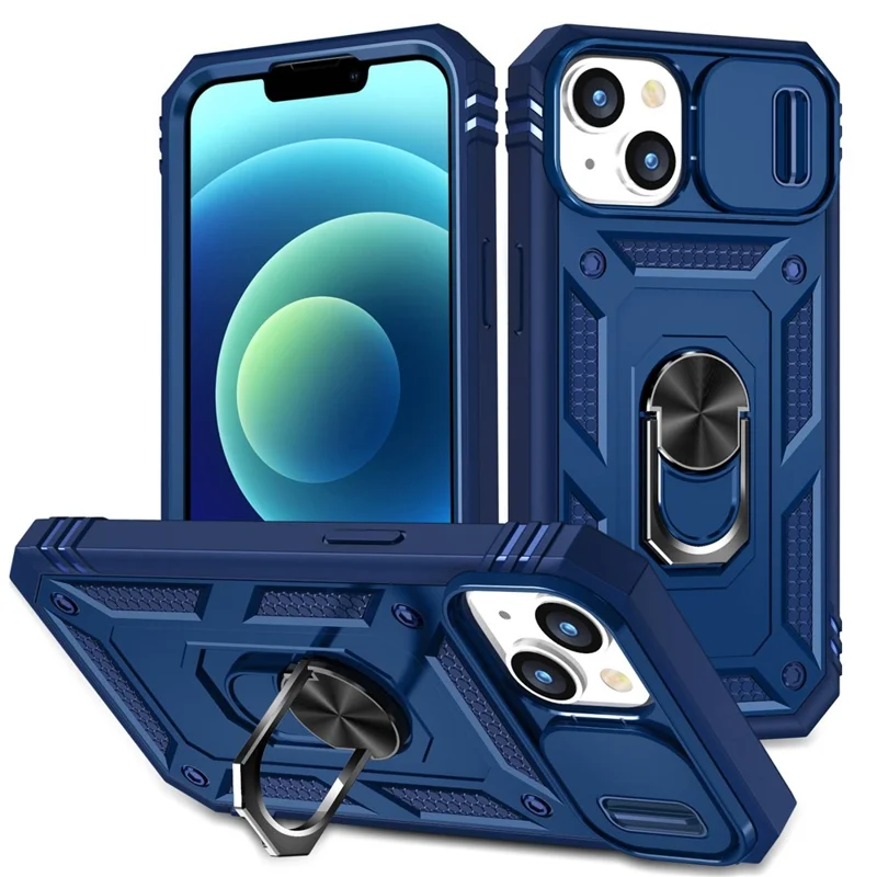 For iPhone 14 Plus Anti-fall PC+TPU Kickstand Function Phone Protector Sliding Camera Lens Cover Design Case with Card Slot - Blue
