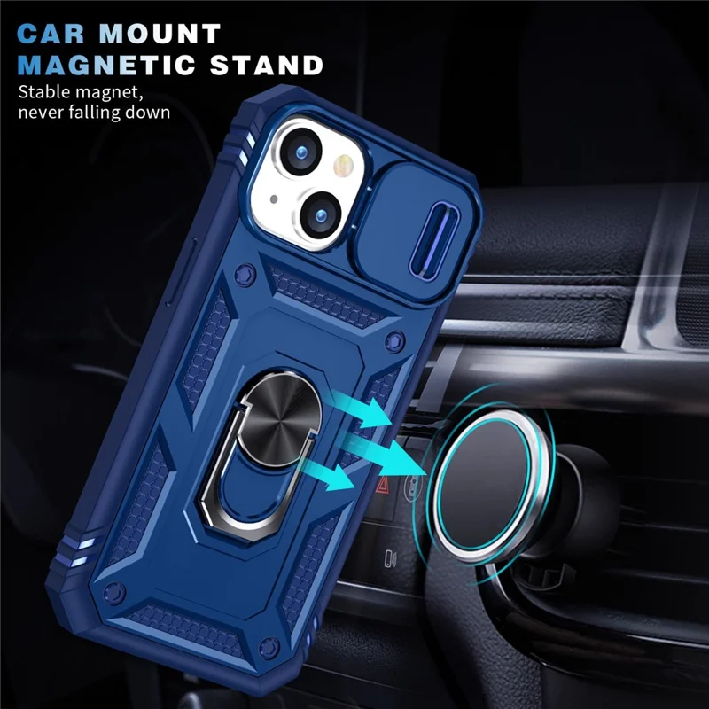 For iPhone 14 Plus Anti-fall PC+TPU Kickstand Function Phone Protector Sliding Camera Lens Cover Design Case with Card Slot - Blue