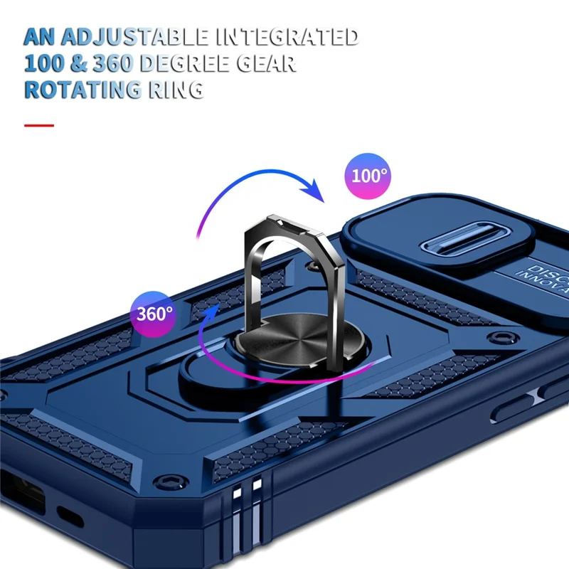 For iPhone 14 Plus Anti-fall PC+TPU Kickstand Function Phone Protector Sliding Camera Lens Cover Design Case with Card Slot - Blue