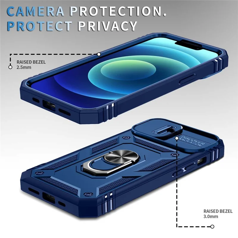 For iPhone 14 Plus Anti-fall PC+TPU Kickstand Function Phone Protector Sliding Camera Lens Cover Design Case with Card Slot - Blue