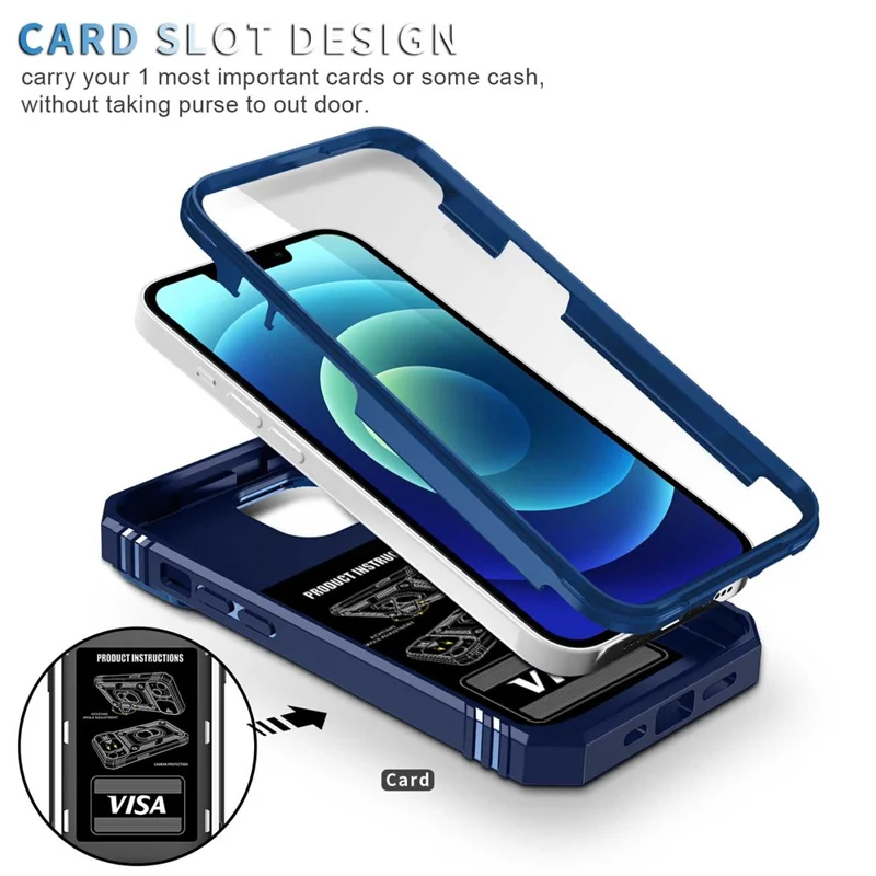 For iPhone 14 Plus Anti-fall PC+TPU Kickstand Function Phone Protector Sliding Camera Lens Cover Design Case with Card Slot - Blue