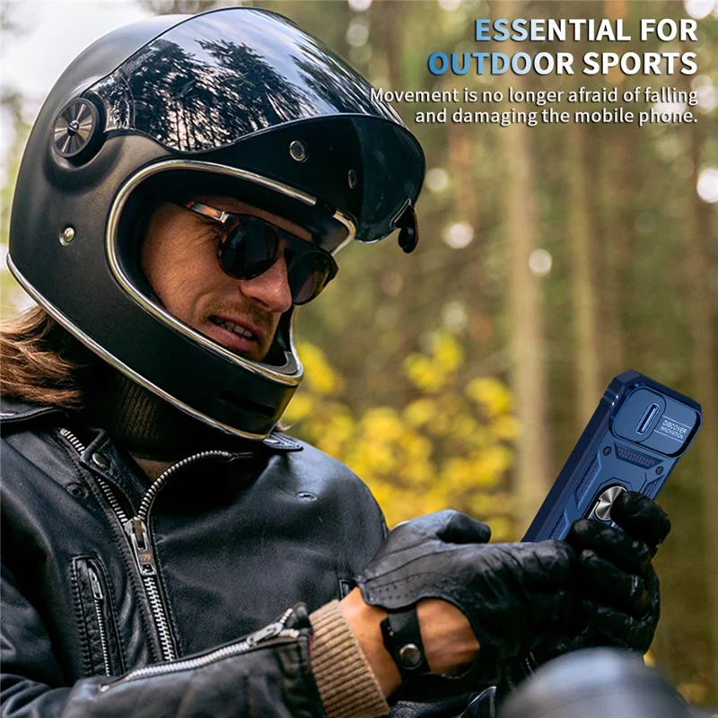 For iPhone 14 Plus Anti-fall PC+TPU Kickstand Function Phone Protector Sliding Camera Lens Cover Design Case with Card Slot - Blue