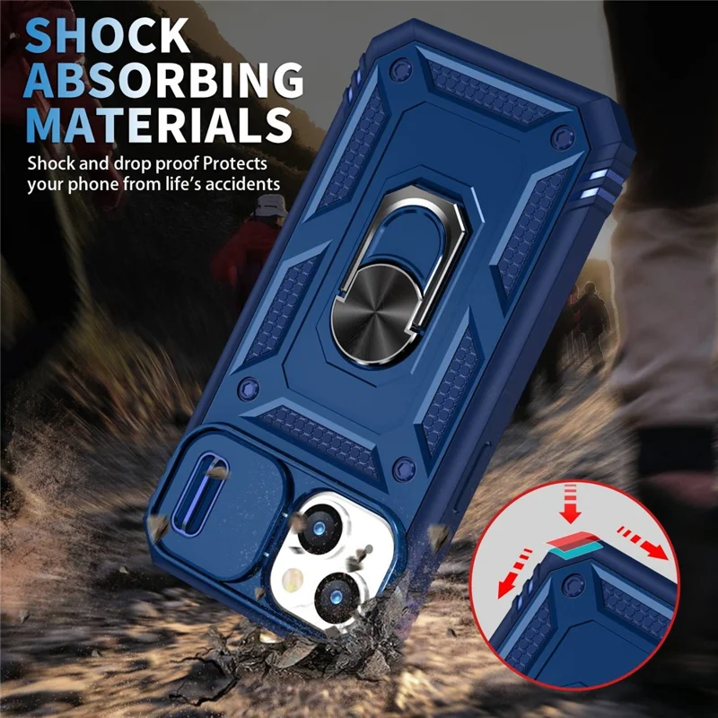 For iPhone 14 Plus Anti-fall PC+TPU Kickstand Function Phone Protector Sliding Camera Lens Cover Design Case with Card Slot - Blue