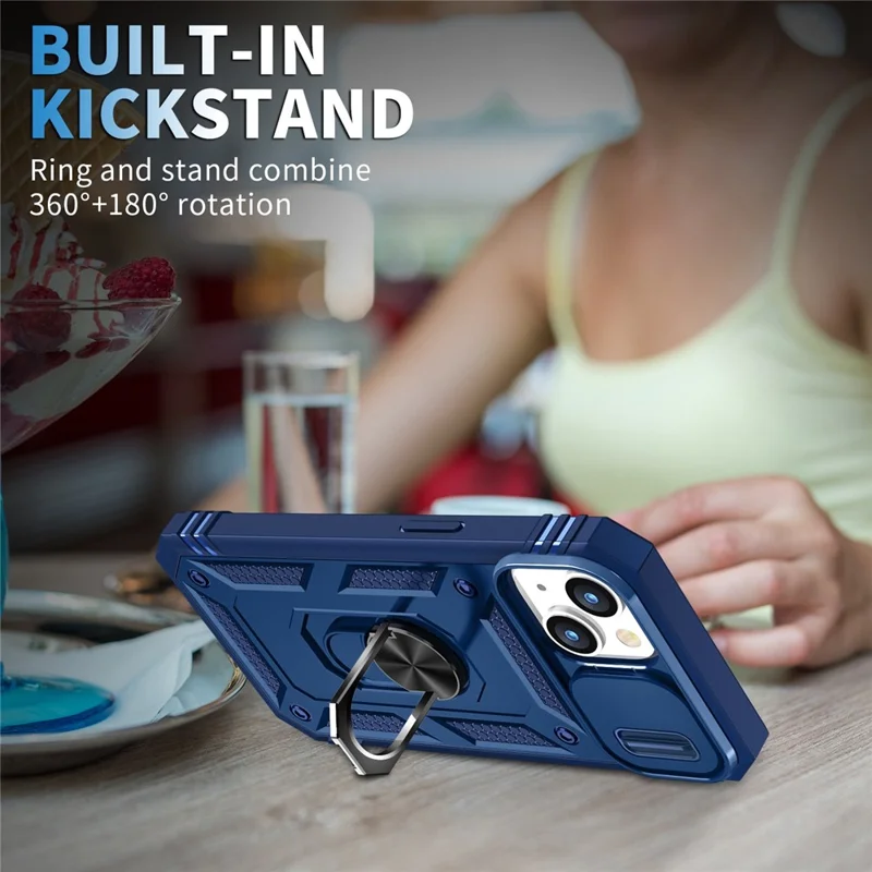For iPhone 14 Plus Anti-fall PC+TPU Kickstand Function Phone Protector Sliding Camera Lens Cover Design Case with Card Slot - Blue