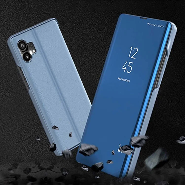 For Nothing phone (1) 5G View Window PU Leather Protective Case Electroplate Mirror Surface Phone Stand Cover - Blue