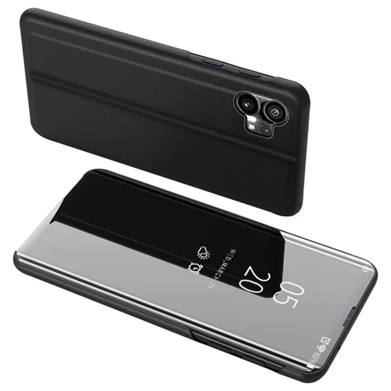 For Nothing phone (1) 5G View Window PU Leather Protective Case Electroplate Mirror Surface Phone Stand Cover - Black