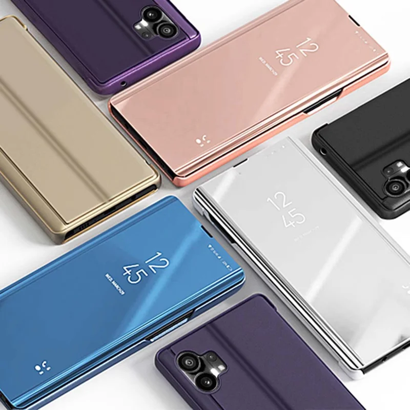 For Nothing phone (1) 5G View Window PU Leather Protective Case Electroplate Mirror Surface Phone Stand Cover - Black