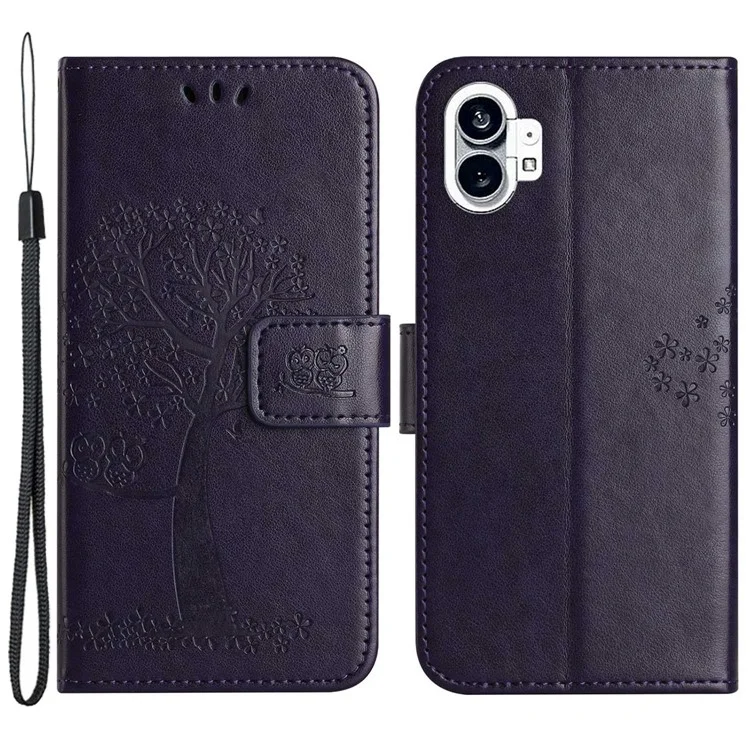 For Nothing phone (1) 5G PU Leather Owl Tree Pattern Imprinted Phone Cover Wallet Viewing Stand Anti-drop Protective Case with Wrist Strap - Dark Purple