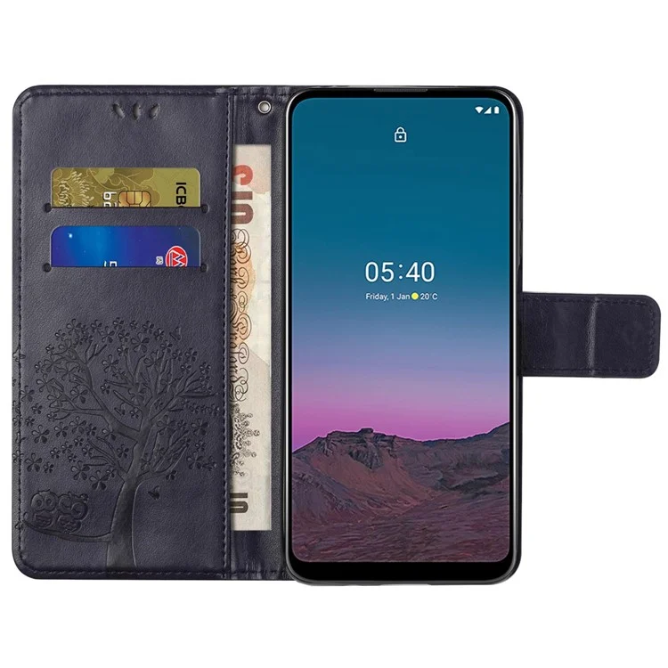 For Nothing phone (1) 5G PU Leather Owl Tree Pattern Imprinted Phone Cover Wallet Viewing Stand Anti-drop Protective Case with Wrist Strap - Dark Purple