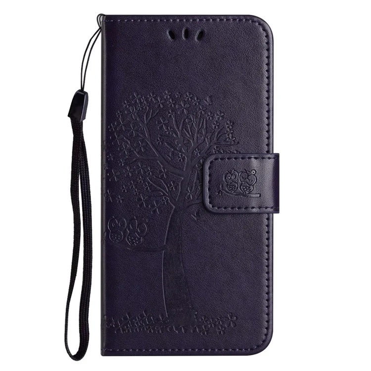 For Nothing phone (1) 5G PU Leather Owl Tree Pattern Imprinted Phone Cover Wallet Viewing Stand Anti-drop Protective Case with Wrist Strap - Dark Purple