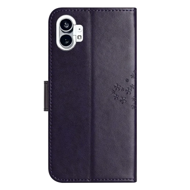 For Nothing phone (1) 5G PU Leather Owl Tree Pattern Imprinted Phone Cover Wallet Viewing Stand Anti-drop Protective Case with Wrist Strap - Dark Purple