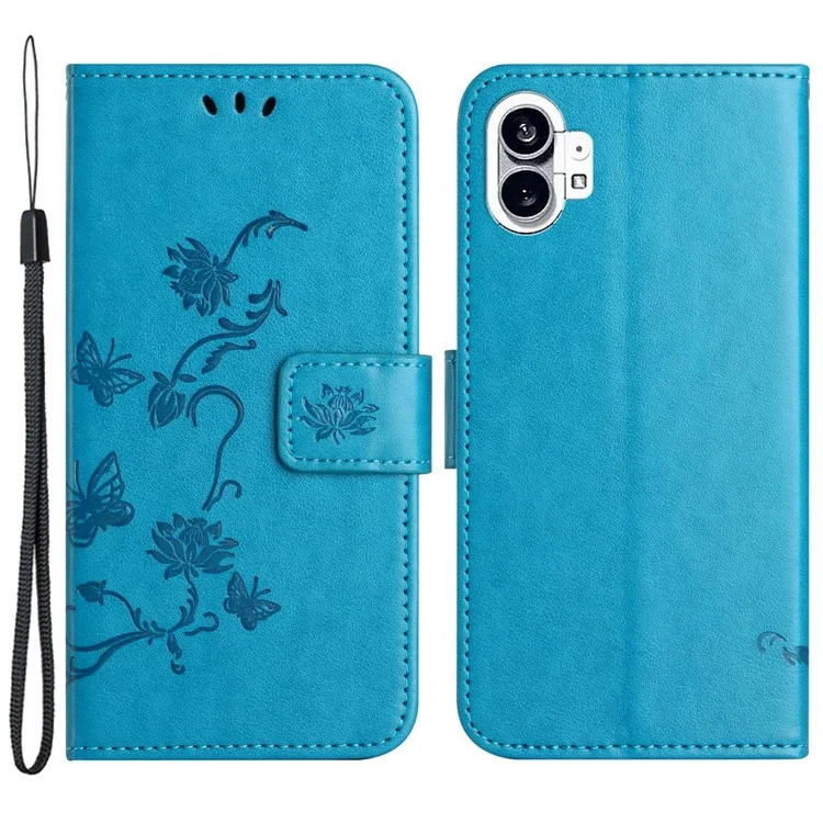 For Nothing phone (1) 5G Anti-scratch PU Leather Stand Wallet Phone Cover Butterfly Flower Imprinted Phone Case with Strap - Blue