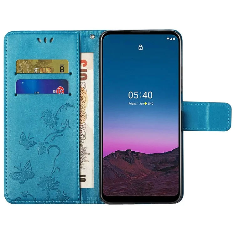 For Nothing phone (1) 5G Anti-scratch PU Leather Stand Wallet Phone Cover Butterfly Flower Imprinted Phone Case with Strap - Blue