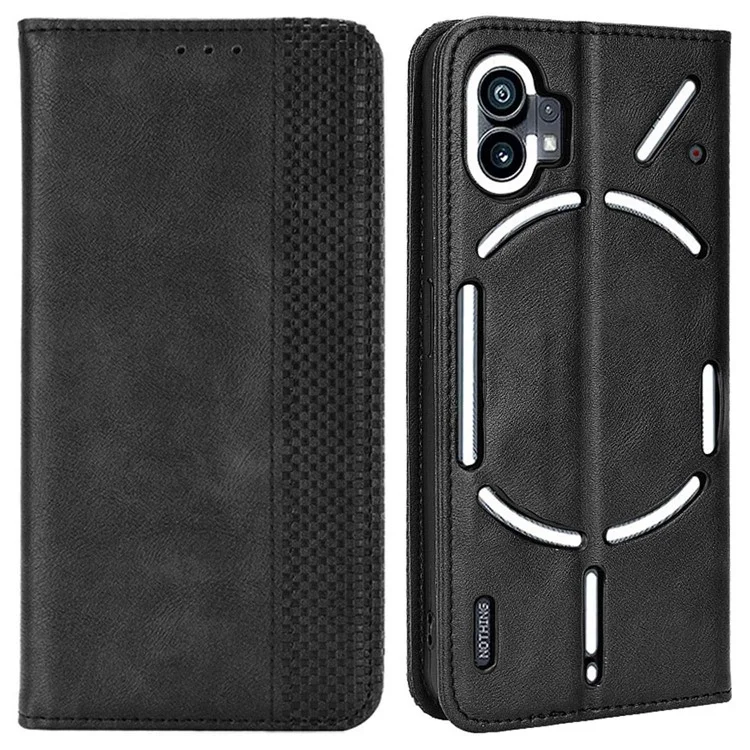 For Nothing phone (1) 5G Stand Function Vintage PU Leather Wear-resistant Cell Phone Case Shell with Wallet - Black