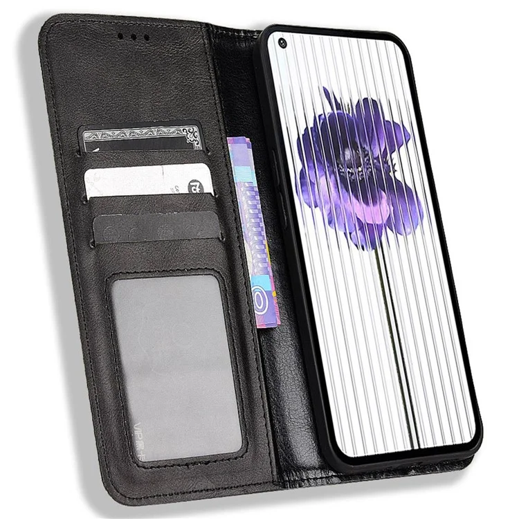 For Nothing phone (1) 5G Stand Function Vintage PU Leather Wear-resistant Cell Phone Case Shell with Wallet - Black