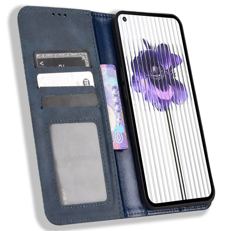 For Nothing phone (1) 5G Stand Function Vintage PU Leather Wear-resistant Cell Phone Case Shell with Wallet - Blue