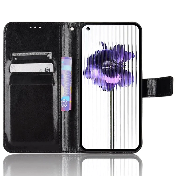 For Nothing phone (1) 5G Crazy Horse Texture Folio Flip Case Stand TPU+PU Leather Wallet Feature Phone Cover with Strap - Black