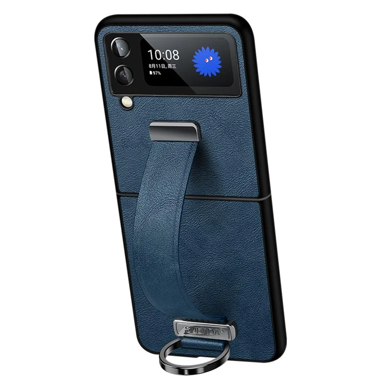 SULADA Fashion Series pour Samsung Galaxy Z Flip4 5G Conception avec support Revêtement en cuir cireux Coque en PC avec électroplaquage - Saphir