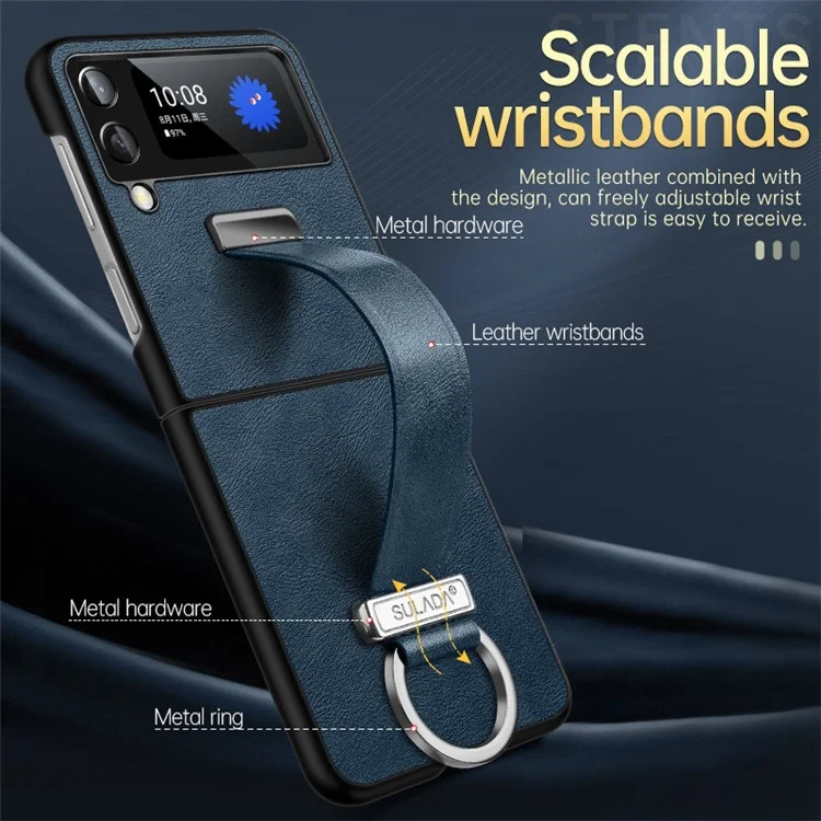 SULADA Fashion Series pour Samsung Galaxy Z Flip4 5G Conception avec support Revêtement en cuir cireux Coque en PC avec électroplaquage - Saphir