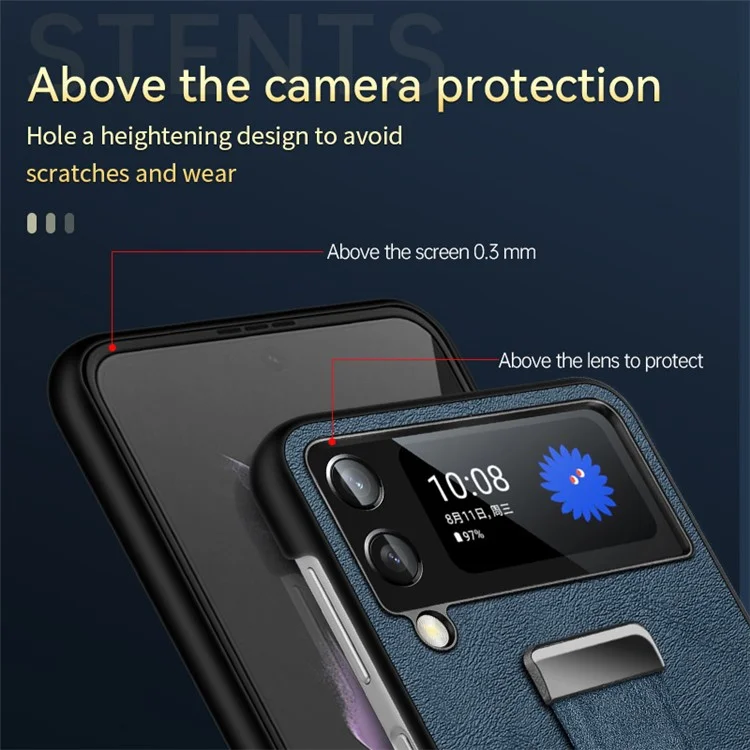 SULADA Fashion Series pour Samsung Galaxy Z Flip4 5G Conception avec support Revêtement en cuir cireux Coque en PC avec électroplaquage - Saphir