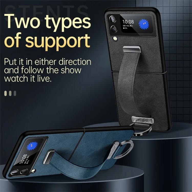 SULADA Fashion Series pour Samsung Galaxy Z Flip4 5G Conception avec support Revêtement en cuir cireux Coque en PC avec électroplaquage - Saphir