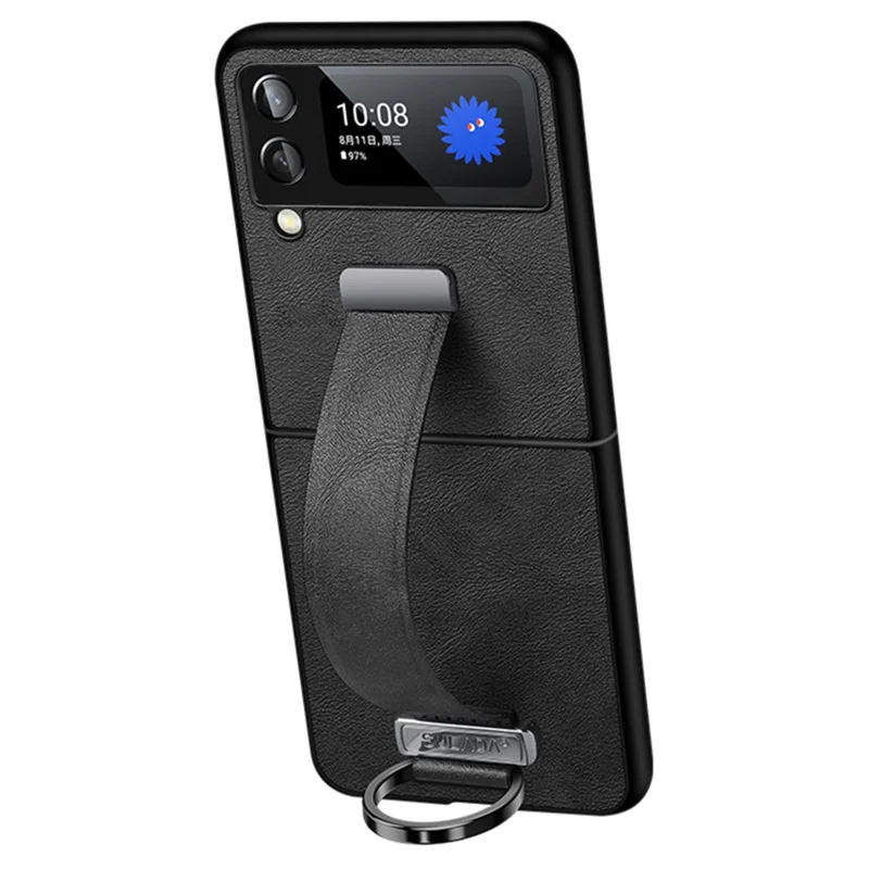 SULADA Fashion Series for Samsung Galaxy Z Flip4 5G Kickstand Design Waxy Leather Coated PC Shell Electroplating Phone Case with Wristband - Black