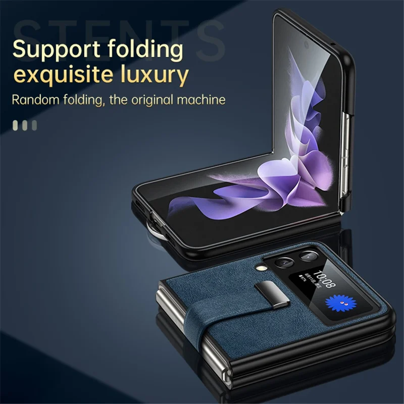 SULADA Fashion Series for Samsung Galaxy Z Flip4 5G Kickstand Design Waxy Leather Coated PC Shell Electroplating Phone Case with Wristband - Black