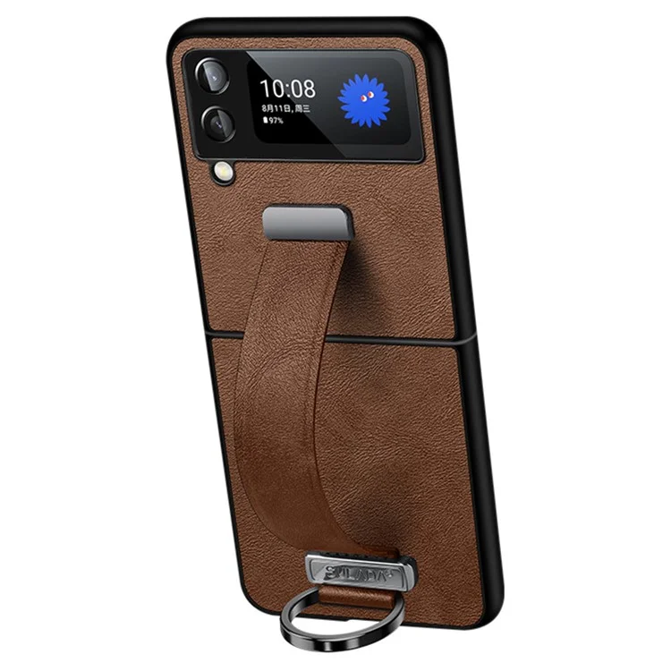 SULADA Fashion Series para Samsung Galaxy Z Flip4 5G Kickstand Design Waxy Leather Coated PC Shell Electroplating Phone Case with Wristband - Marrom