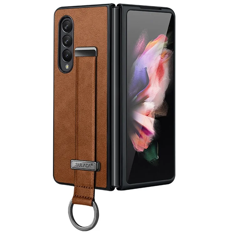 Serie de moda SULADA para Samsung Galaxy Z Fold4 5G Diseño con soporte Anticapas de huellas dactilares Funda de PC revestida de cuero ceroso Funda de teléfono con electrochapado y correa de muñeca - Marrón