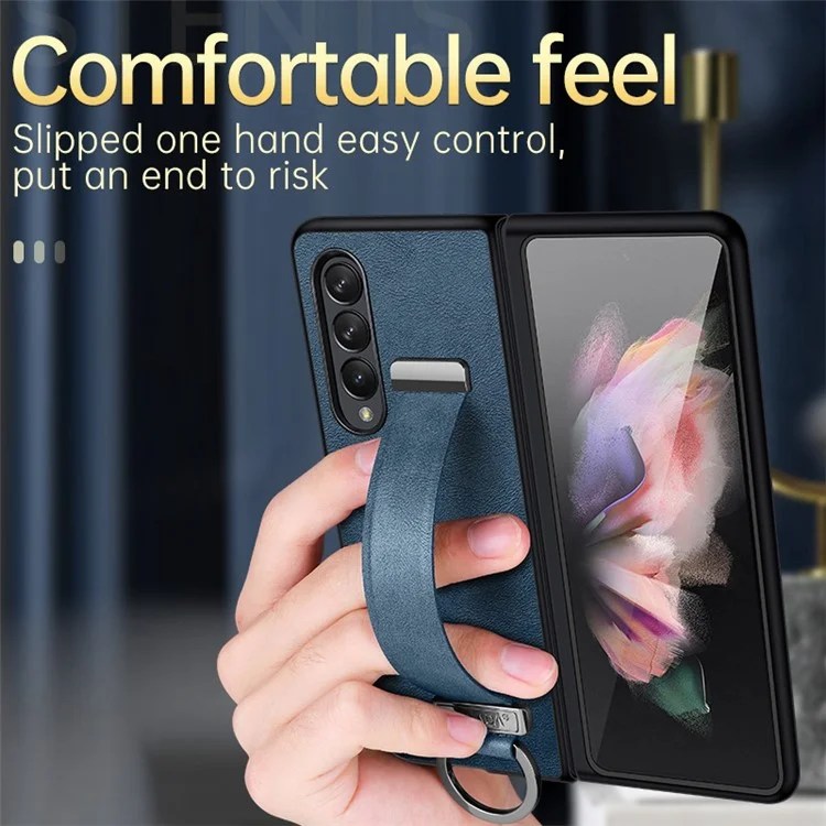 Serie de moda SULADA para Samsung Galaxy Z Fold4 5G Diseño con soporte Anticapas de huellas dactilares Funda de PC revestida de cuero ceroso Funda de teléfono con electrochapado y correa de muñeca - Marrón