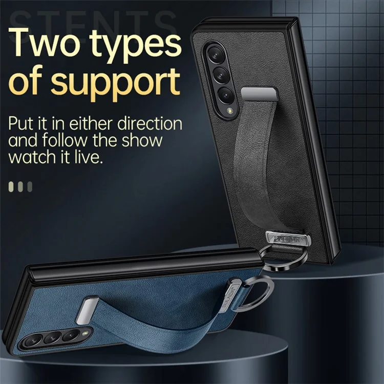 Serie de moda SULADA para Samsung Galaxy Z Fold4 5G Diseño con soporte Anticapas de huellas dactilares Funda de PC revestida de cuero ceroso Funda de teléfono con electrochapado y correa de muñeca - Marrón
