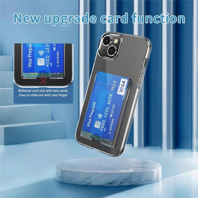 For iPhone 14 6.1 inch Card Holder Design Phone Case HD Clear PC+TPU Anti-fall Drop Protection Cell Phone Shell Cover