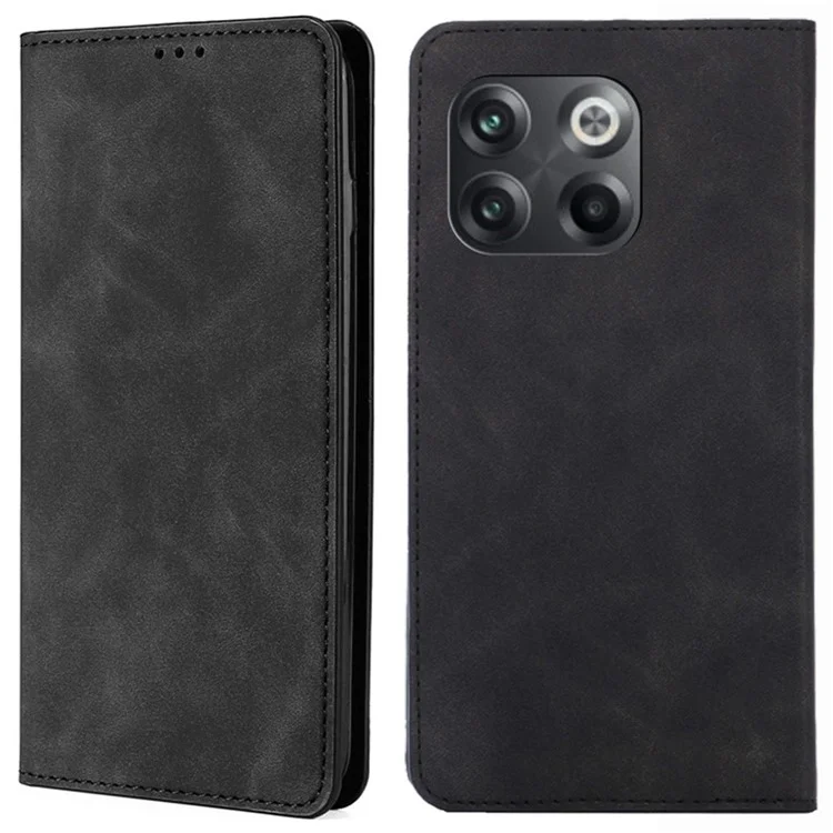 Para OnePlus 10T 5G / Ace Pro 5G Skin-touch PU Leather Cover Stand Hidden Magnetic Adsorption Flip Card Slots Phone Case - Preto