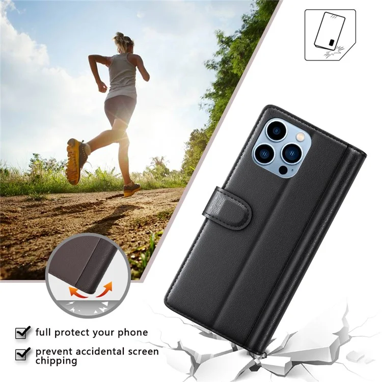 For iPhone 14 Pro Max Case Genuine Split Leather Phone Cover with Wallet Stand - Brown