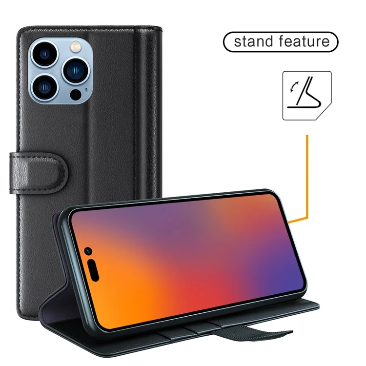 For iPhone 14 Pro Case Genuine Split Leather Phone Cover with Wallet Stand - Brown