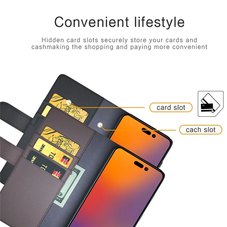 For iPhone 14 Pro Case Genuine Split Leather Phone Cover with Wallet Stand - Brown