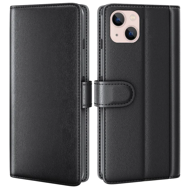 For iPhone 14 Plus Case Genuine Split Leather Phone Cover with Wallet Stand - Black