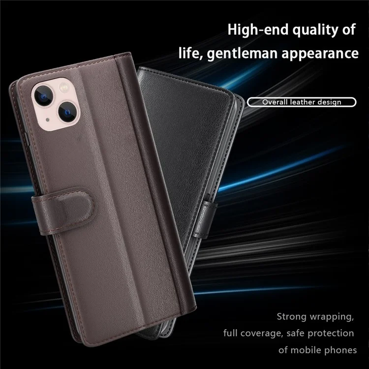 For iPhone 14 Plus Case Genuine Split Leather Phone Cover with Wallet Stand - Black