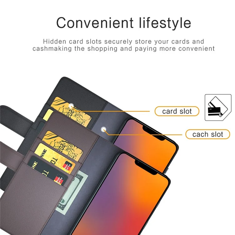 For iPhone 14 Plus Case Genuine Split Leather Phone Cover with Wallet Stand - Black