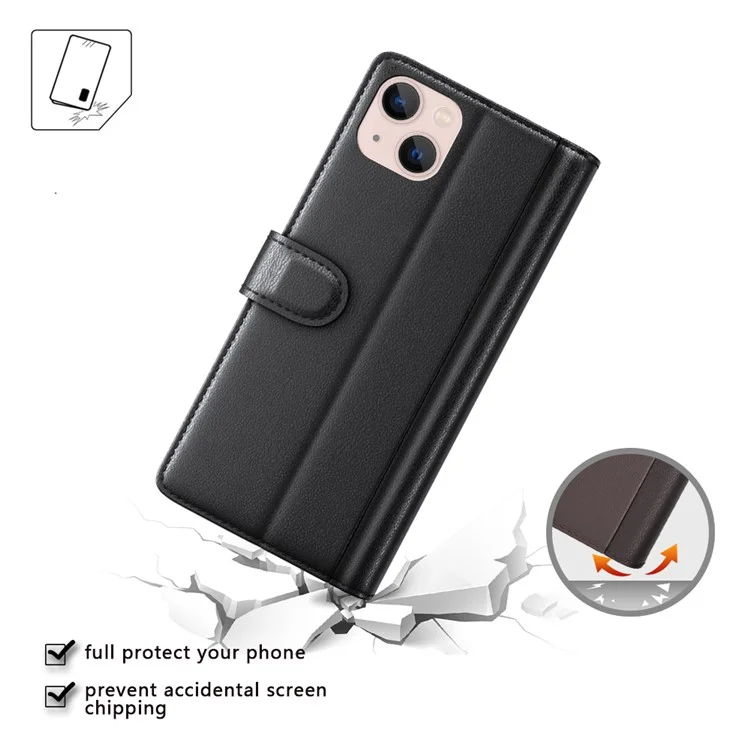 For iPhone 14 Plus Case Genuine Split Leather Phone Cover with Wallet Stand - Black