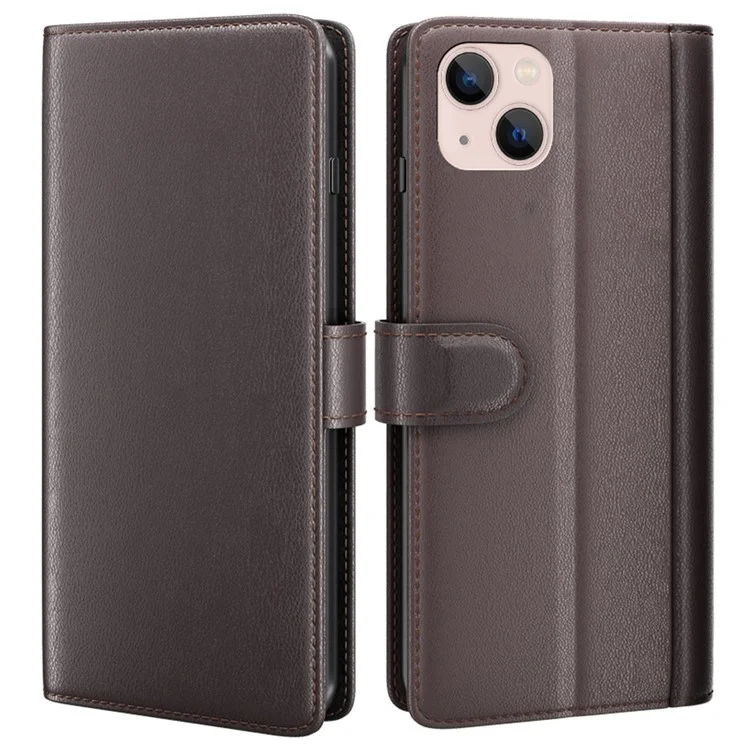 For iPhone 14 Case Genuine Split Leather Phone Cover with Wallet Stand - Brown