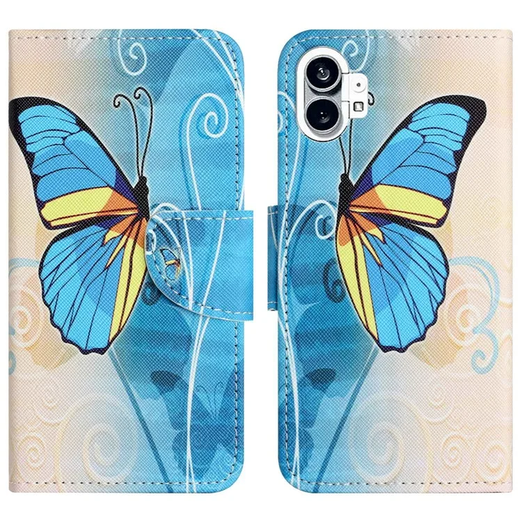 For Nothing phone (1) 5G Pattern Printing Phone Case Cross Texture PU Leather Hands-free Stand Wallet Folio Flip Cover - Blue Butterfly