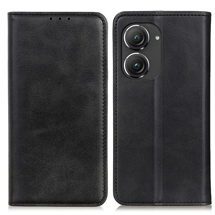 Для Asus Zenfone 9 5G Магнитный Автопоглощаемый Чехол из Расщепленной Кожи с Противоударной Защитой и Кошельком - Черный