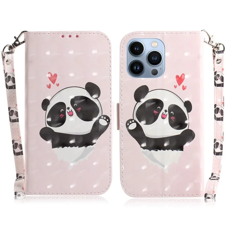 Para Iphone 14 Pro Max 6.7 Pulgadas Printing 3D Pattern Impresión PU Cuero Amplica Case de Choques Phone Soport Cover With Strap - Amor Corazón Panda