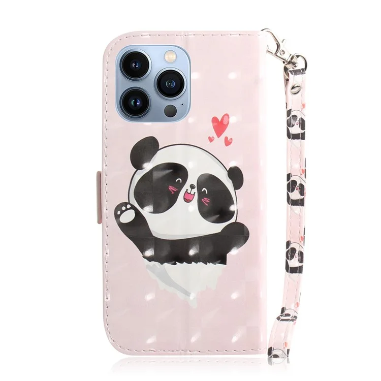 Para Iphone 14 Pro Max 6.7 Pulgadas Printing 3D Pattern Impresión PU Cuero Amplica Case de Choques Phone Soport Cover With Strap - Amor Corazón Panda