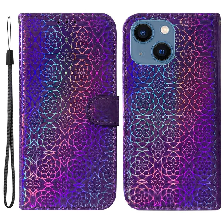 Pour iPhone 14 6.1 pouces Dazzling Flower Pattern Magnetic Leather Case Anti-wear Protective Phone Cover with Stand Wallet - Purple