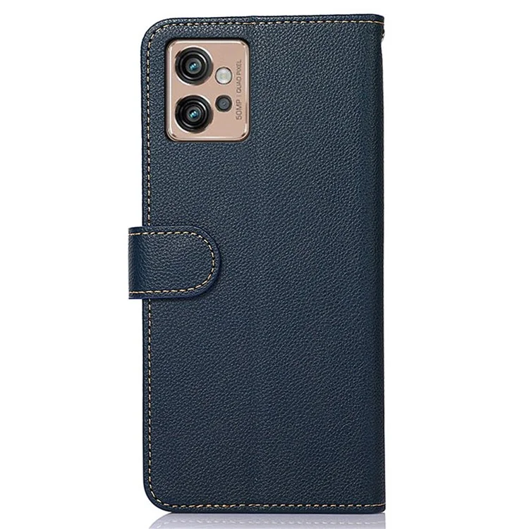 KHAZNEH For Motorola Moto G32 4G Litchi Texture RFID Blocking Phone Case Stand Fall Prevention PU Leather Flip Wallet Cover with Strap - Blue