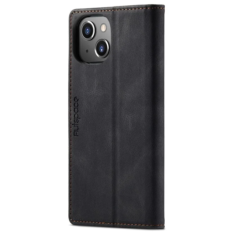 AUTSPACE A01 Series For iPhone 14 Plus Retro Matte Phone Drop-proof Case PU Leather+TPU RFID Blocking Stand Wallet Protective Cover - Black
